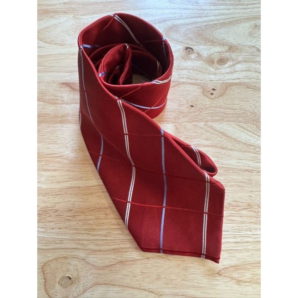 Geoffrey Beene 100% Silk Tie Extra Long 60.5" Red Burgundy Plaid Mens Tie Stripe